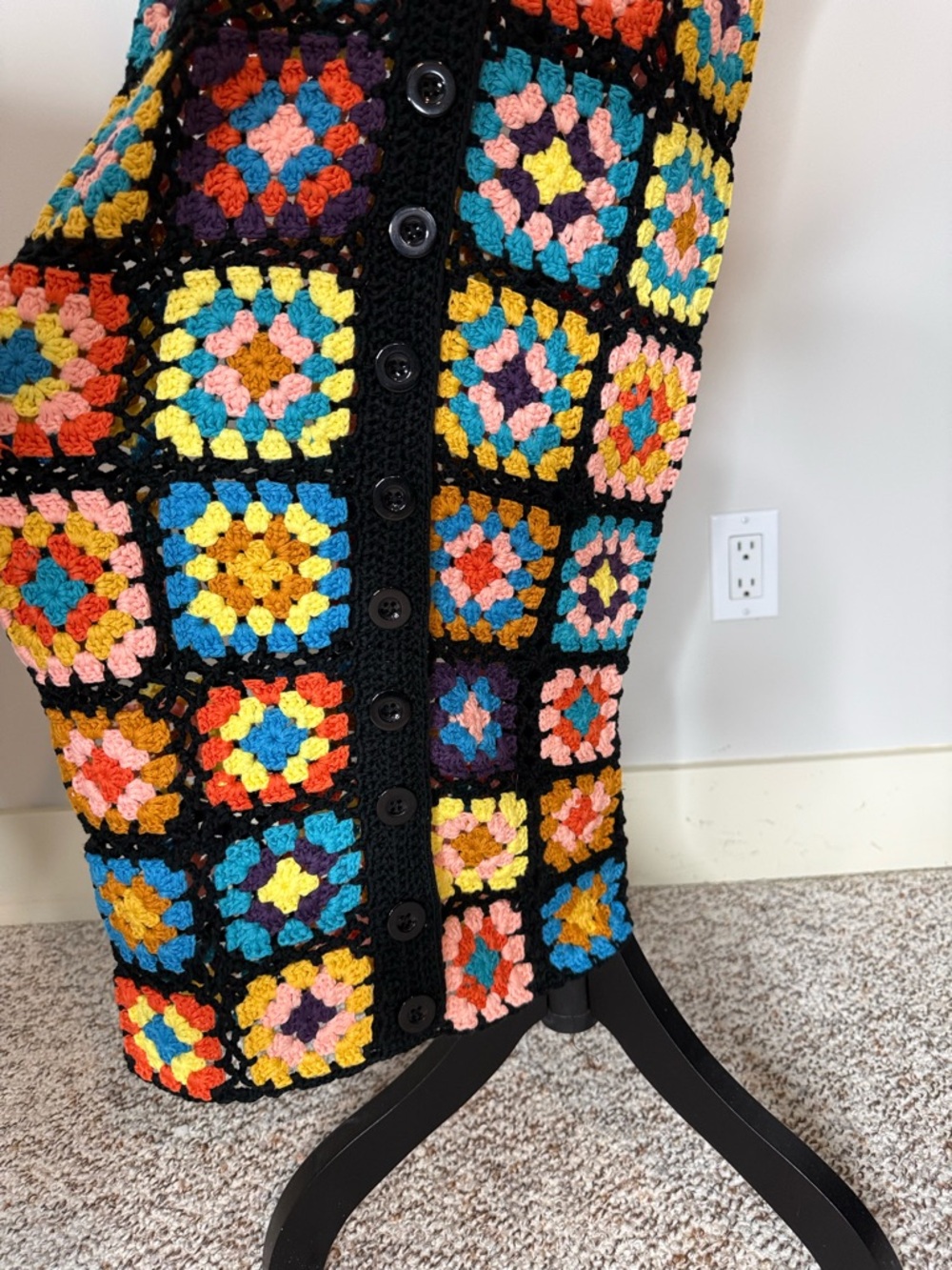 Crochet Knit Granny Square Button Down Maxi Dress Black Sleeveless Boho Medium - Picture 8 of 12